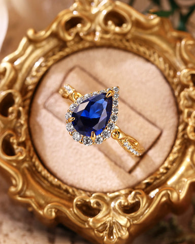 BLUEBELL Floral Inspired Pear Cut Blue Sapphire Halo Engagement Ring