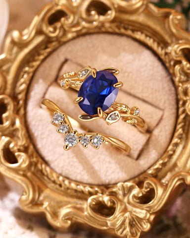 FLORENCE Oval Cut Blue Sapphire Flower Leafy Engagement Ring Set 2pcs
