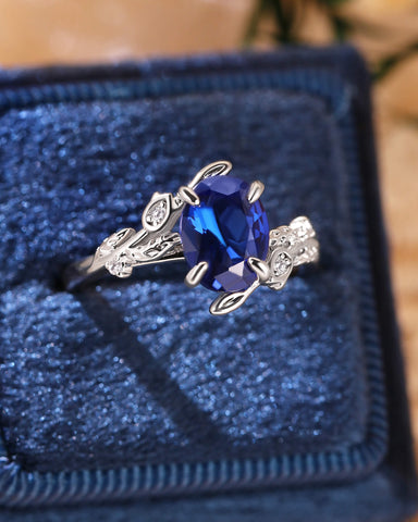 FLORENCE Oval Cut Blue Sapphire Flower & Leafy Engagement Ring