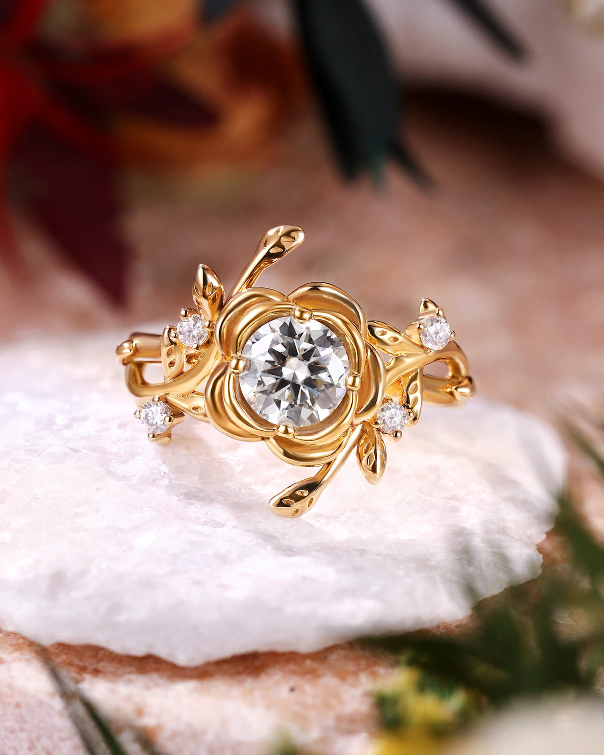 BRIAR Floral Inspired Moissanite Promise Ring Unique Engagement Ring With Leaf Band
