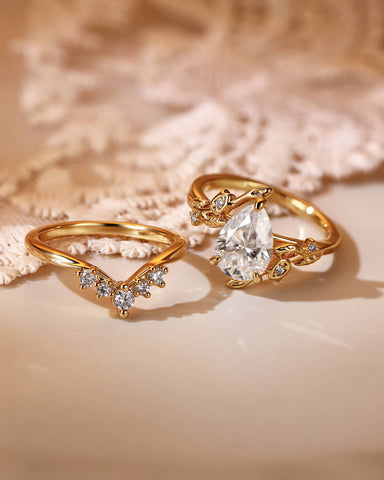 HELENE Pear Moissanite Flower Inspired Leafy Bridal Set 2pcs
