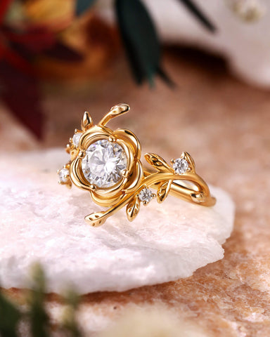 BRIAR Floral Inspired Moissanite Promise Ring Unique Engagement Ring With Leaf Band