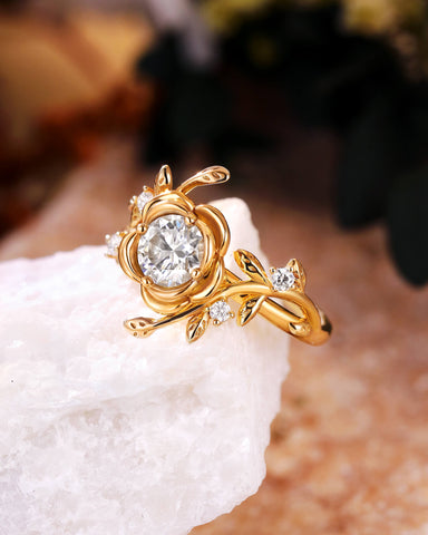 BRIAR Floral Inspired Moissanite Promise Ring Unique Engagement Ring With Leaf Band