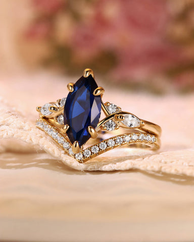 SAPPHIRA Unique Marquise Cut Blue Sapphire Twist Cluster Bridal Set 2pcs