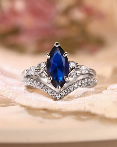 SAPPHIRA Unique Marquise Cut Blue Sapphire Twist Cluster Bridal Set 2pcs