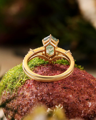 SAGE Long Hexagon Cut Moss Agate Engagement Ring Set Nature Vibe Bridal Set