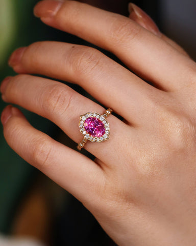 SASKIA Oval Cut Pink Sapphire Halo Vintage Engagement Ring