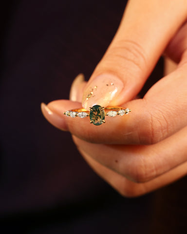 EDEN Oval Dainty Moss Agate Nature Inspired Engagement Ring