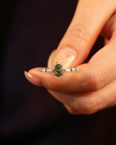 EDEN Oval Dainty Moss Agate Nature Inspired Engagement Ring