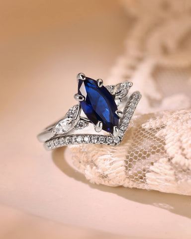 SAPPHIRA Unique Marquise Cut Blue Sapphire Twist Cluster Bridal Set 2pcs