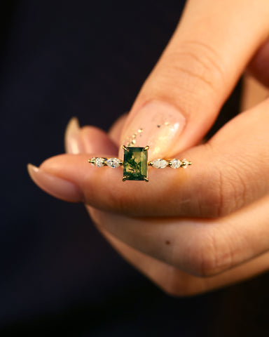 PEYTON Emerald Cut Moss Agate Promise Ring With Marquise Accents