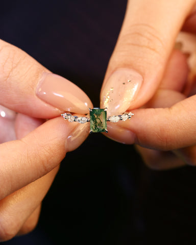 PEYTON Emerald Cut Moss Agate Promise Ring With Marquise Accents