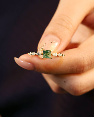 ELOWEN Square Shaped Moss Agate Promise Ring Nature Inspired Engagement Ring