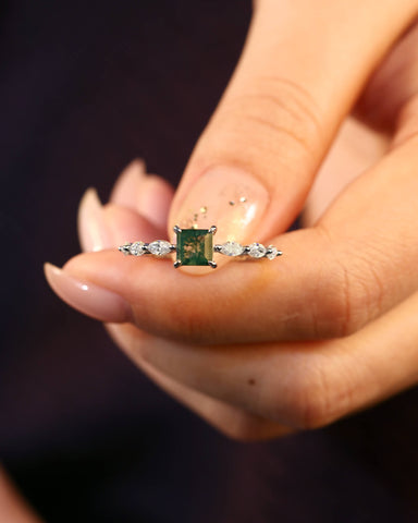 ELOWEN Square Shaped Moss Agate Promise Ring Nature Inspired Engagement Ring