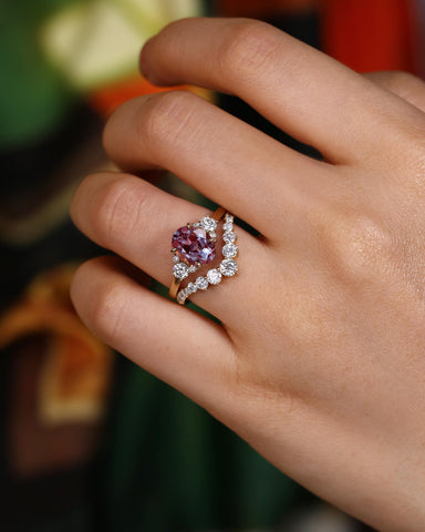 RHIANNON Oval Cut Alexandrite Engagement Ring Set With Moissanite Curved Wedding Band