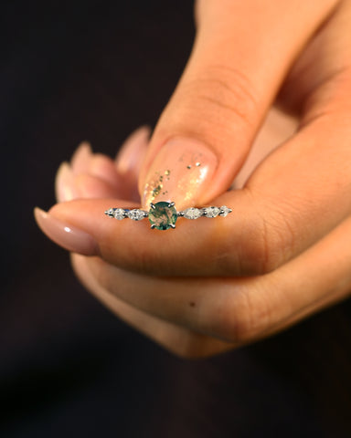 ONA Round Shaped Moss Agate Marquise Engagement Ring