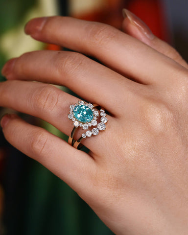 MARIS Unique Halo Moissanite Oval Cut Paraiba Engagement Ring Set 2PCS