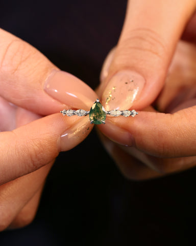 LYDIA Pear Moss Agate Marquise Engagement Ring