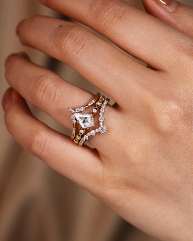 ODETTE Kite Cut Moissanite Engagement Ring Set Vintage Bridal Ring Set 3PCS