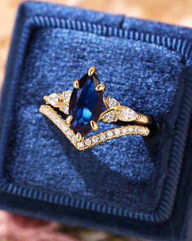 SAPPHIRA Unique Marquise Cut Blue Sapphire Twist Cluster Bridal Set 2pcs