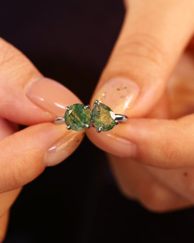 ELRIAN Nature Inspired Toi Et Moi Ring Round & Pear Cut Moss Agate Two Stone Ring