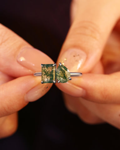 ACACIA Emerald & Pear Shaped Two Stone Ring Unique Moss Agate Toi Et Moi Engagement Ring