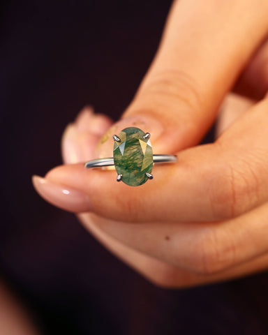LUMENIS Oval Moss Agate Solitaire Engagement Ring