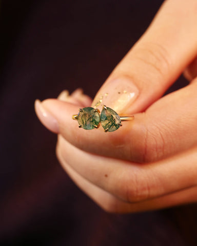 ELRIAN Nature Inspired Toi Et Moi Ring Round & Pear Cut Moss Agate Two Stone Ring