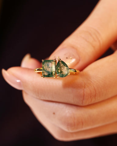 ACACIA Emerald & Pear Shaped Two Stone Ring Unique Moss Agate Toi Et Moi Engagement Ring