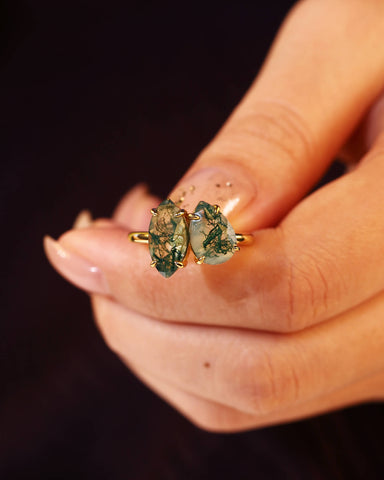SILAS Marquise & Pear Moss Agate Two Stone Engagement Ring Unique Toi Et Moi Ring