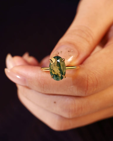 LUMENIS Oval Moss Agate Solitaire Engagement Ring
