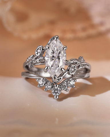 EUGENIA Marquise Cut Moissanite Leafy Floral Cluster Bridal Set 2pcs