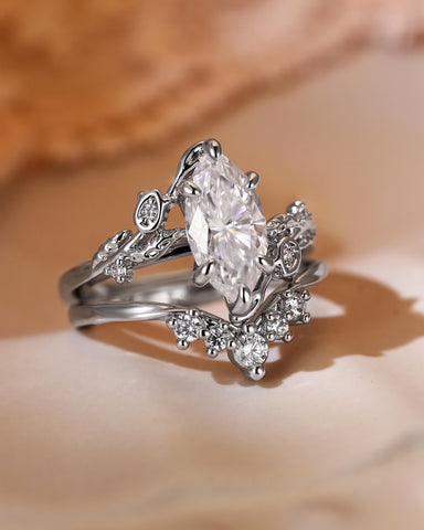 EUGENIA Marquise Cut Moissanite Leafy Floral Cluster Bridal Set 2pcs