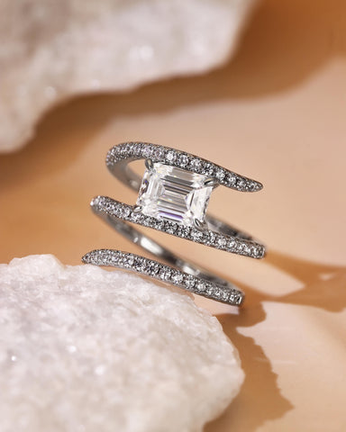 EVELINA Emerald Cut Moissanite Three Layers Wrapping Shank Pave Engagement Ring