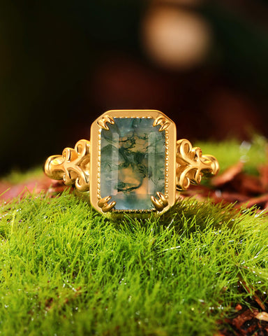 MAVIE Art Deco Style Emerald Cut Moss Agate Engagement Ring