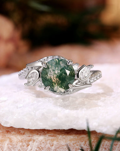 ROSE Floral Fairy Round Shape Moss Agate Engagement Ring