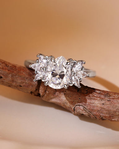 LUNE Pear Cut Moissanite Cluster Leafy Engagement Ring