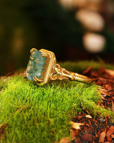 MAVIE Art Deco Style Emerald Cut Moss Agate Engagement Ring