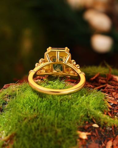 MAVIE Art Deco Style Emerald Cut Moss Agate Engagement Ring
