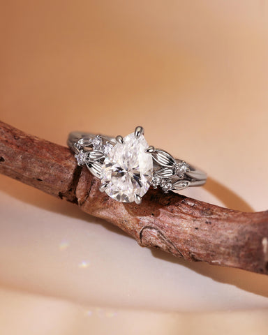 PENELOPE Pear Shaped Moissanite Leaf Inspired Fairy Engagement Ring