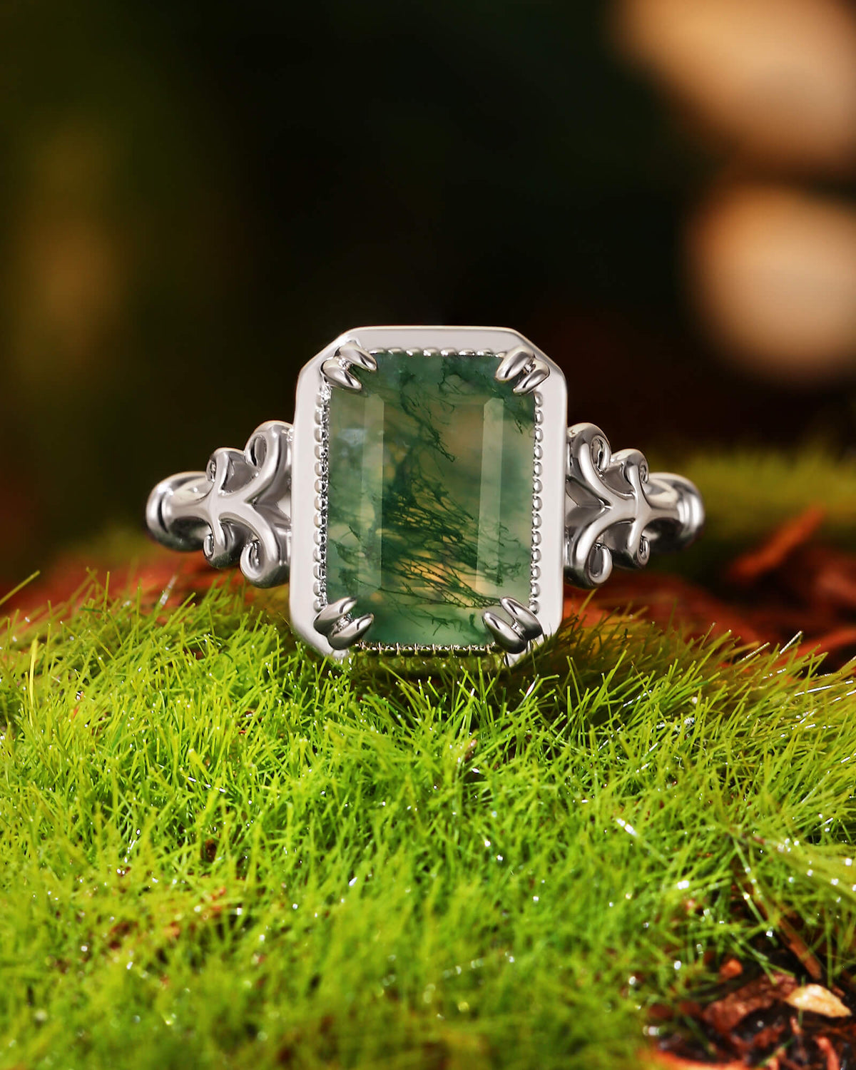 MAVIE Art Deco Style Emerald Cut Moss Agate Engagement Ring