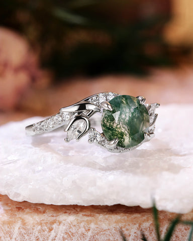 ROSE Floral Fairy Round Shape Moss Agate Engagement Ring
