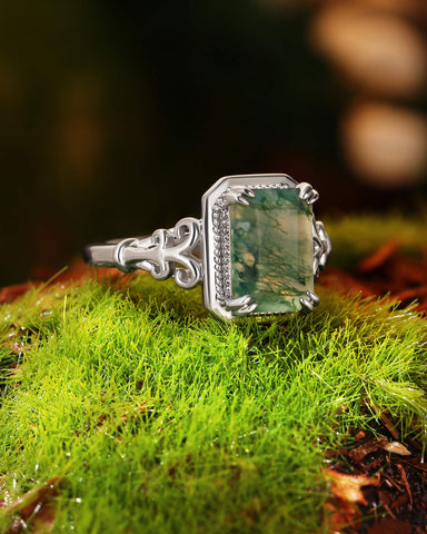 MAVIE Art Deco Style Emerald Cut Moss Agate Engagement Ring