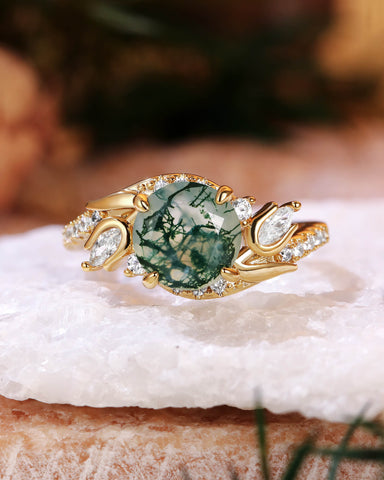 ROSE Floral Fairy Round Shape Moss Agate Engagement Ring