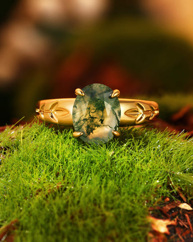 DAHLIA  Leaf Oval Shaped Moss Agate Engagement Ring