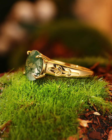 DAHLIA  Leaf Oval Shaped Moss Agate Engagement Ring