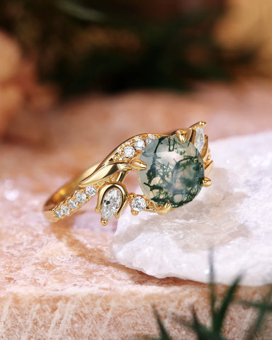 ROSE Floral Fairy Round Shape Moss Agate Engagement Ring