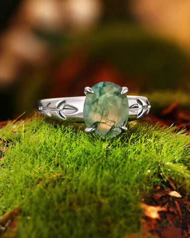 DAHLIA  Leaf Oval Shaped Moss Agate Engagement Ring