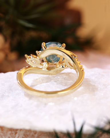 ROSE Floral Fairy Round Shape Moss Agate Engagement Ring