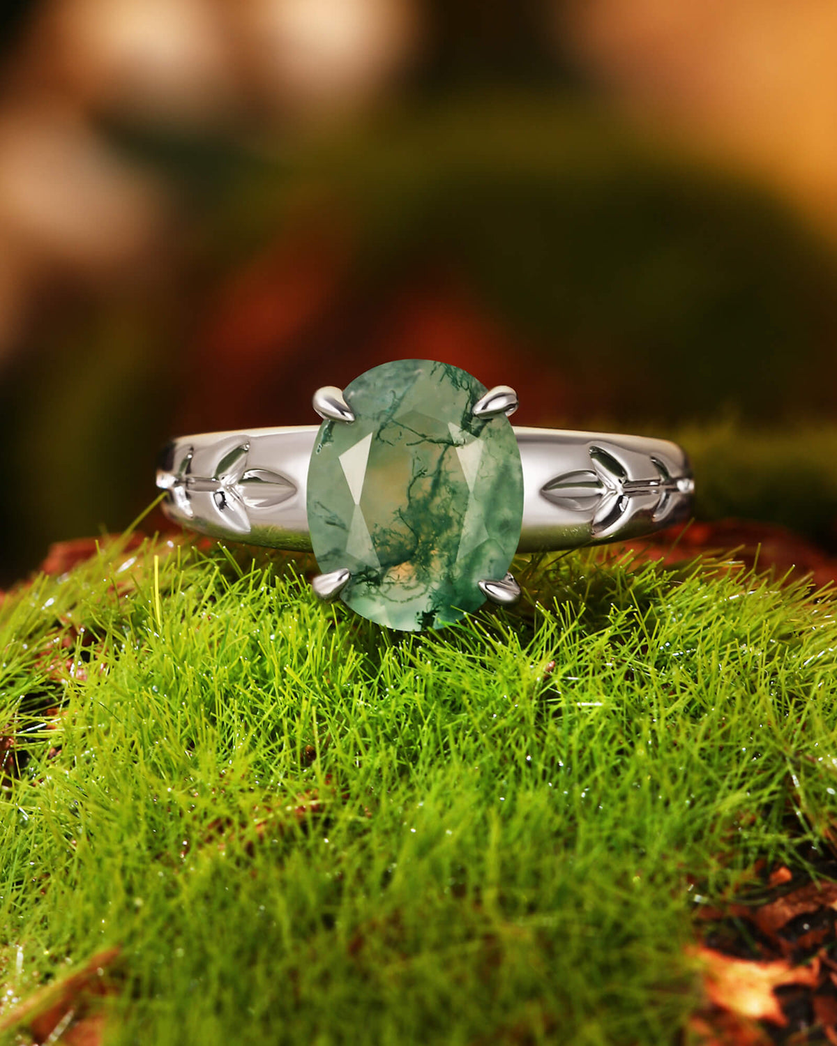 DAHLIA  Leaf Oval Shaped Moss Agate Engagement Ring